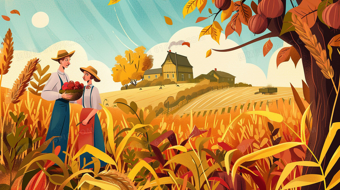 秋季大丰收的劳动农民插画
