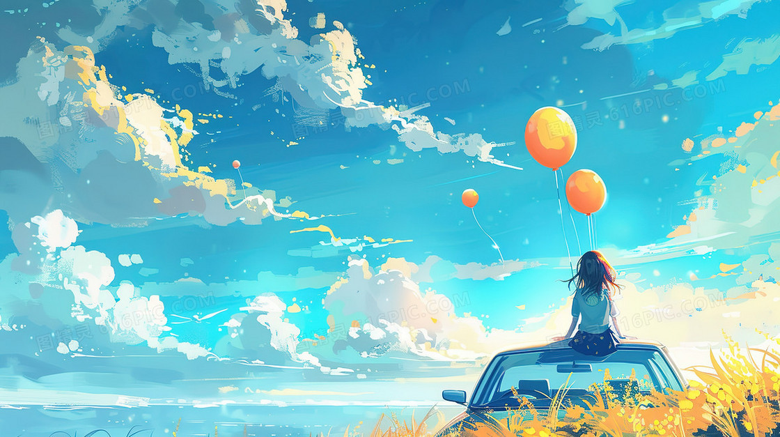 小女孩拿着气球在车顶上看海插画