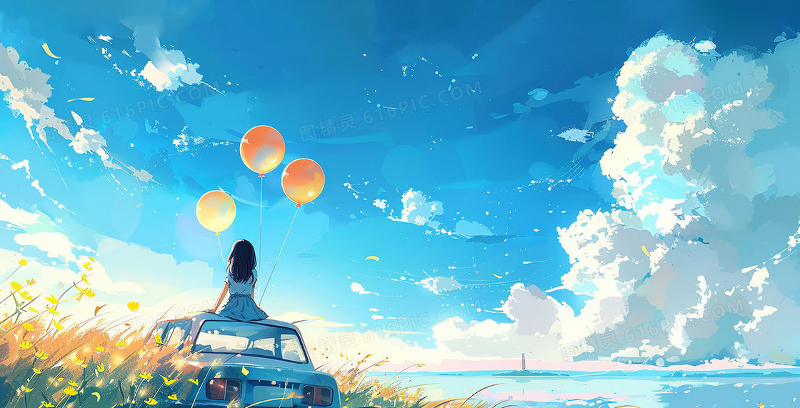 小女孩拿着气球在车顶上看海插画