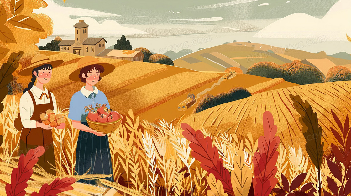 秋季大丰收的劳动农民插画