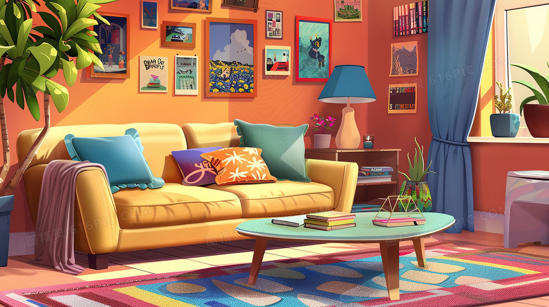 干净整齐的客厅室内场景插画