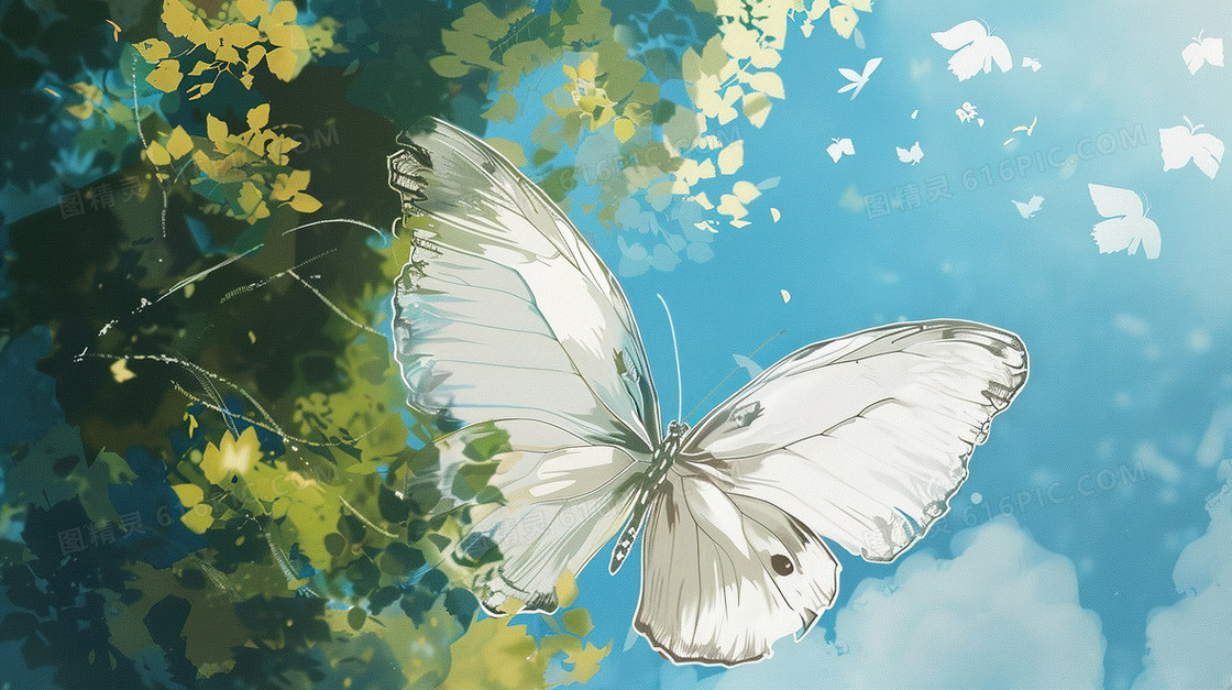 唯美意境山林飞舞的蝴蝶插画