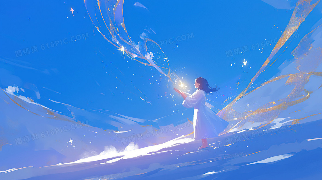 梦幻唯美天空下美丽的少女插画