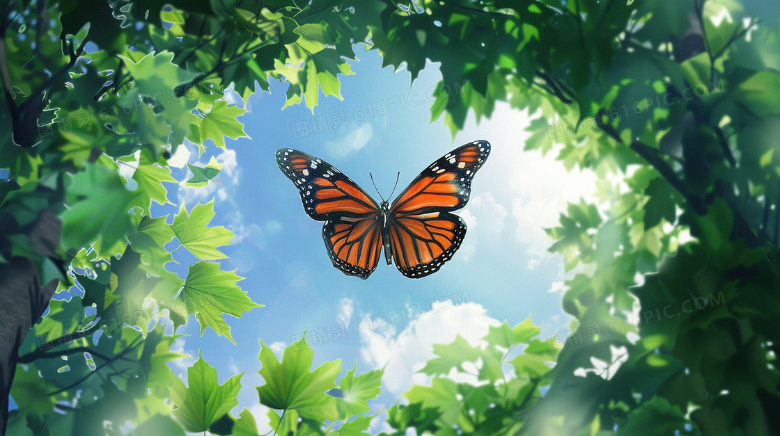 唯美意境山林飞舞的蝴蝶插画