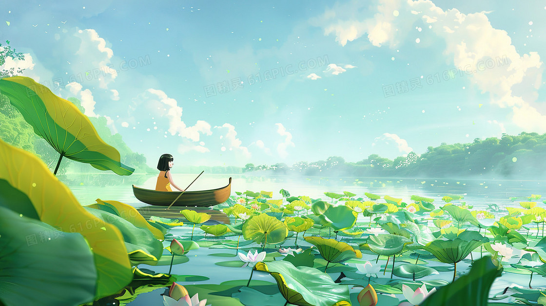 蓝天下的荷塘里一个人撑着小舟观光插画