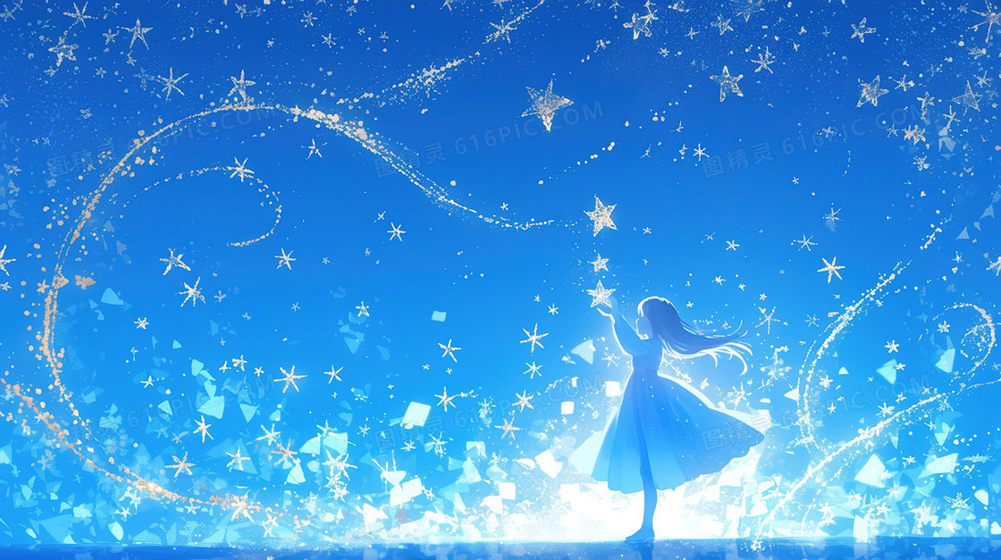 唯美夜晚草地星空下的少女插画