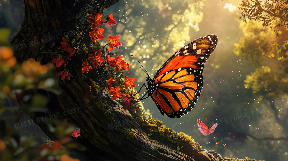 唯美意境山林飞舞的蝴蝶插画