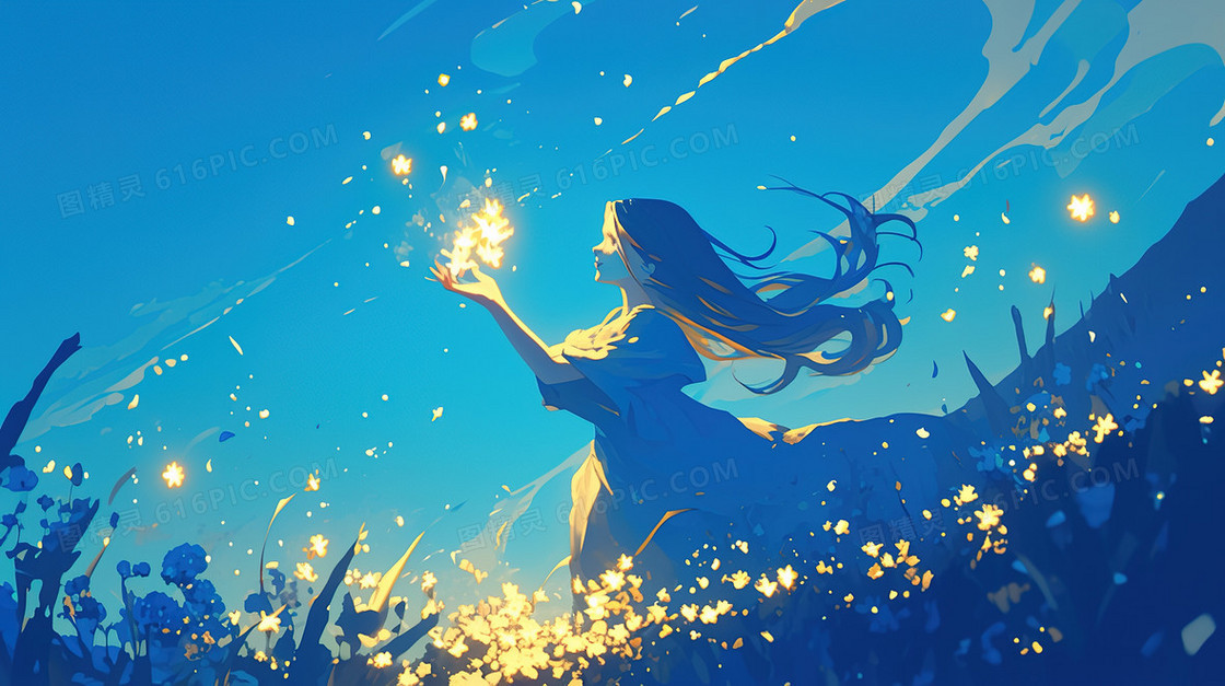 唯美夜晚草地星空下的少女插画