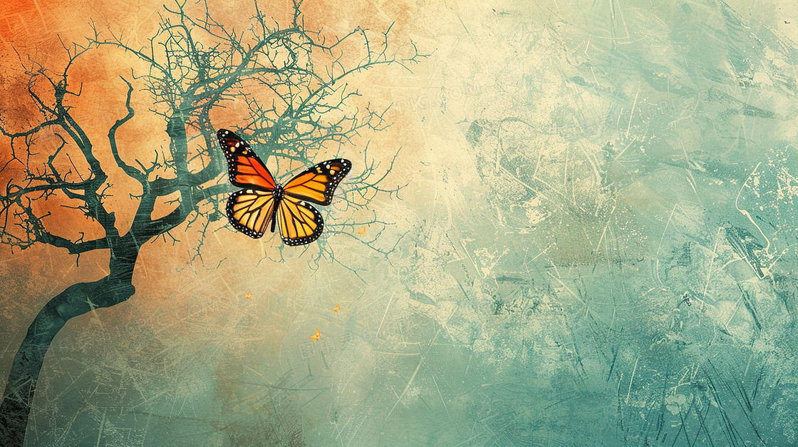 唯美意境山林飞舞的蝴蝶插画