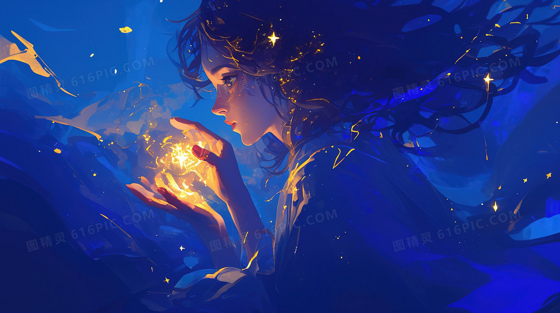 唯美夜晚草地星空下的少女插画