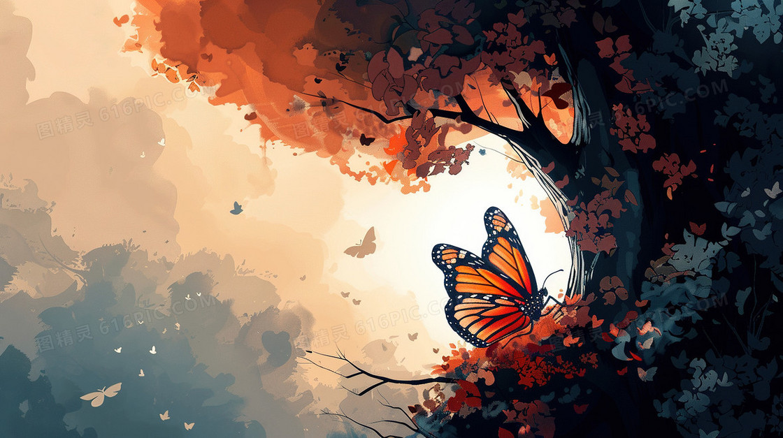 唯美意境山林飞舞的蝴蝶插画