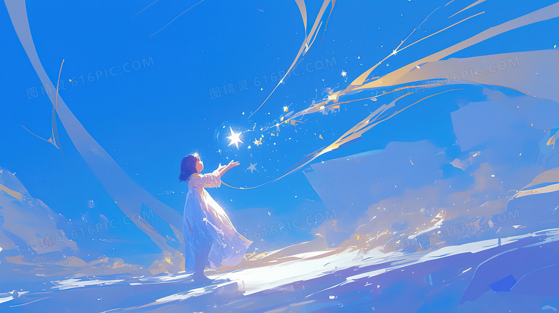 立夏夜晚星空下的少女插画