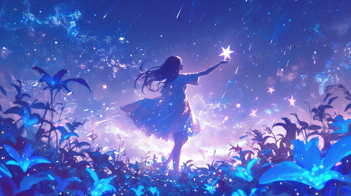 唯美夜晚草地星空下的少女插画