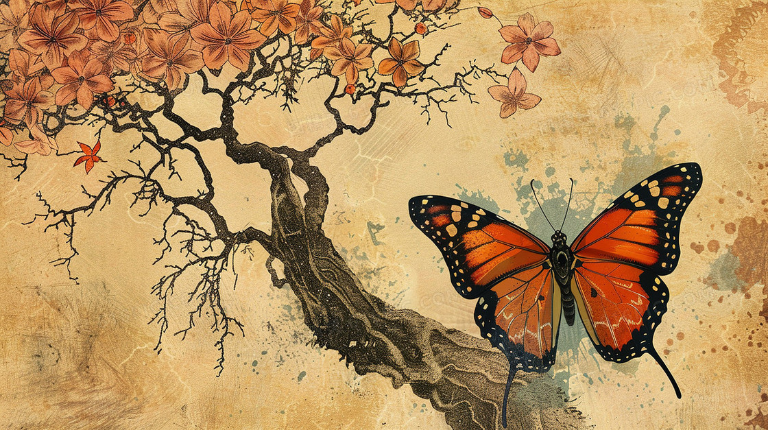唯美意境山林飞舞的蝴蝶插画