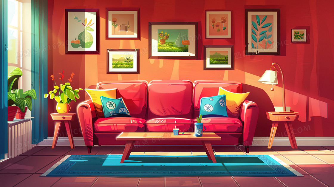 干净整齐的客厅室内场景插画