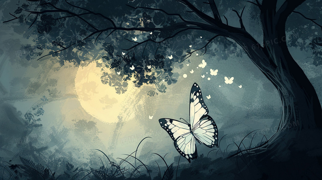 唯美意境山林飞舞的蝴蝶插画