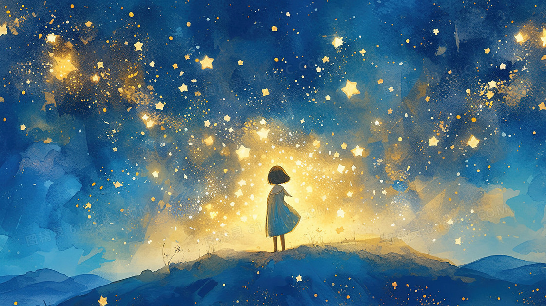夜晚梦幻星空下的少女插画