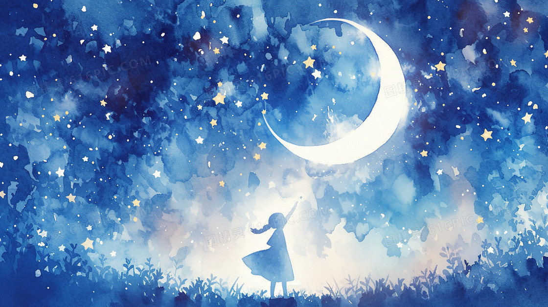 夜晚梦幻星空下的少女插画