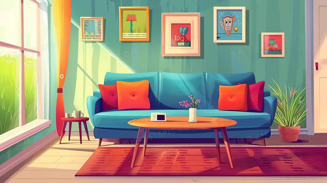 干净整齐的客厅室内场景插画