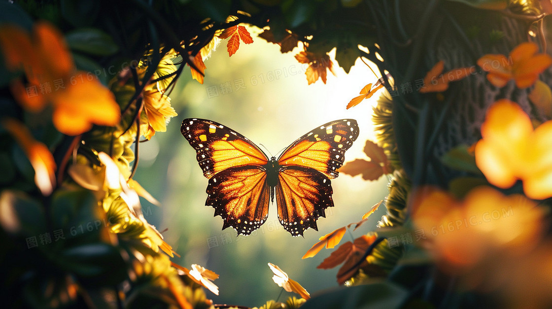 唯美意境山林飞舞的蝴蝶插画