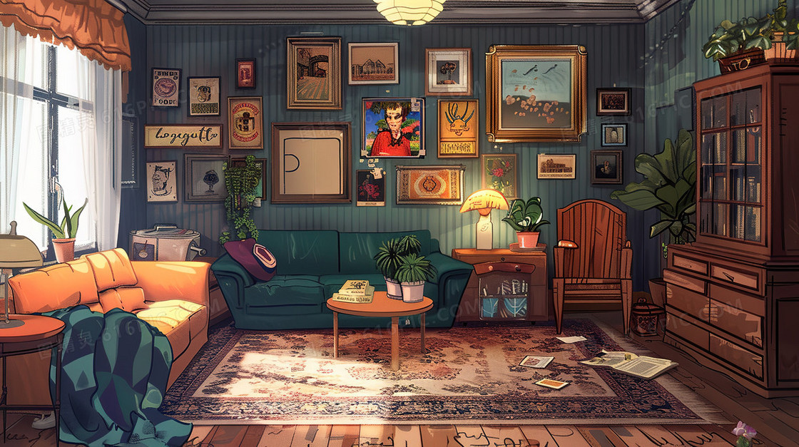 干净整齐的客厅室内场景插画