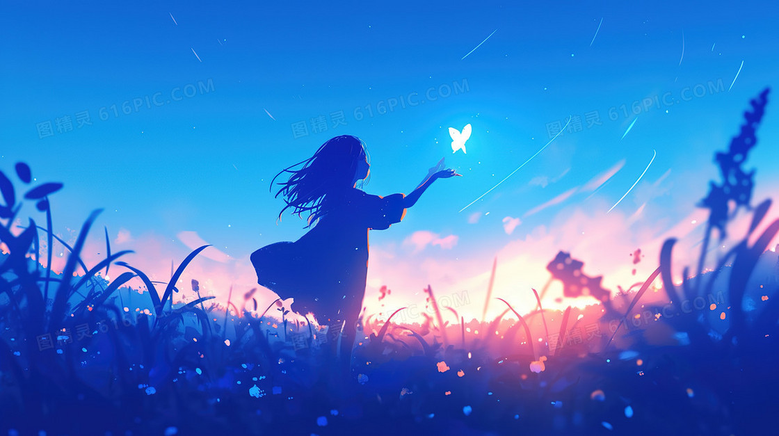 唯美夜晚草地星空下的少女插画