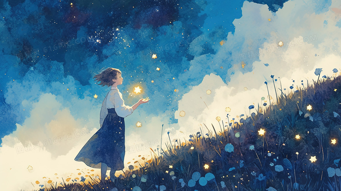 立夏夜晚星空下的少女插画背景图片下载_2912x1632像素JPG格式_编号vo8fxr3ed_图精灵