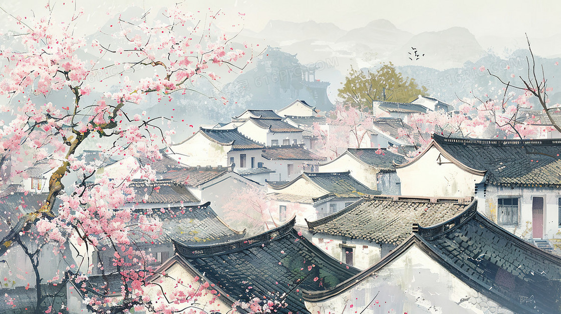 春天樱花盛开的江南水乡插画