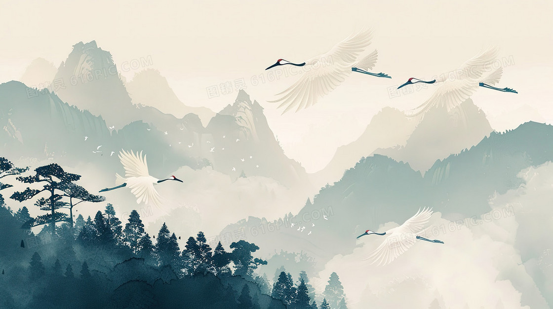 中国风唯美山水白鹤风景插画