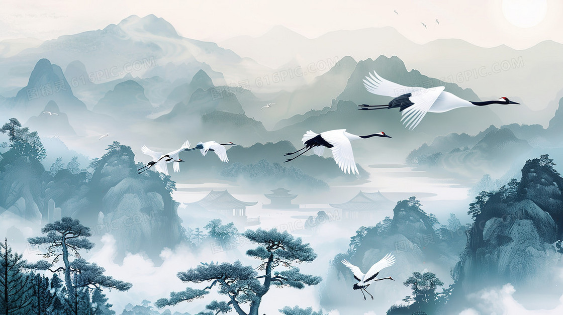 中国风唯美山水白鹤风景插画