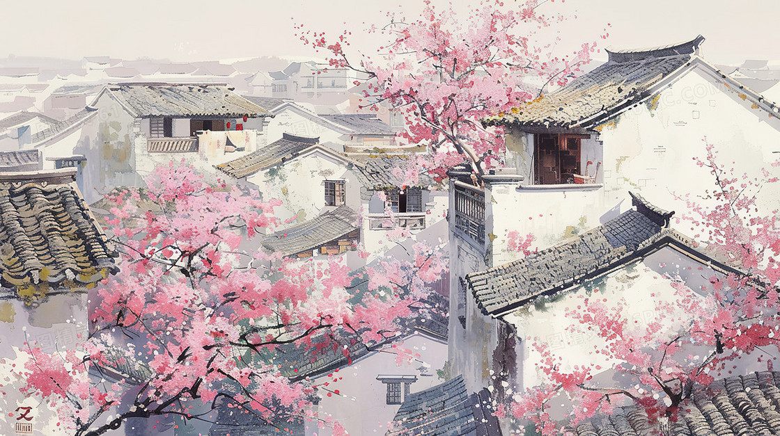 春天樱花盛开的江南水乡插画