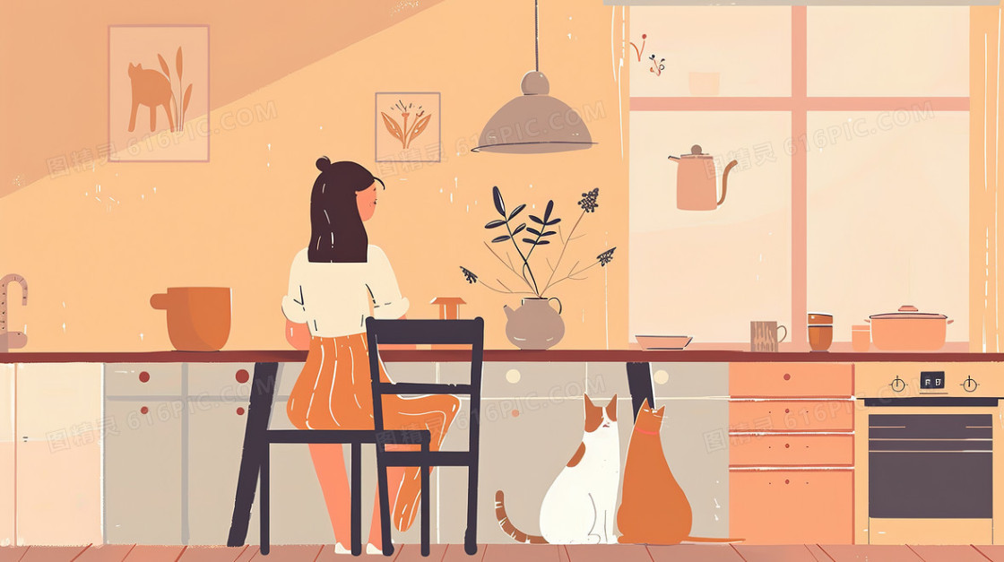 餐桌旁的女生和桌面上的两只猫猫插画