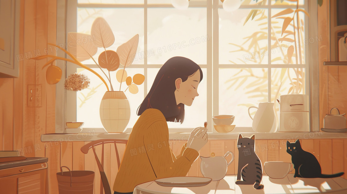 餐桌旁的女生和桌面上的两只猫猫插画