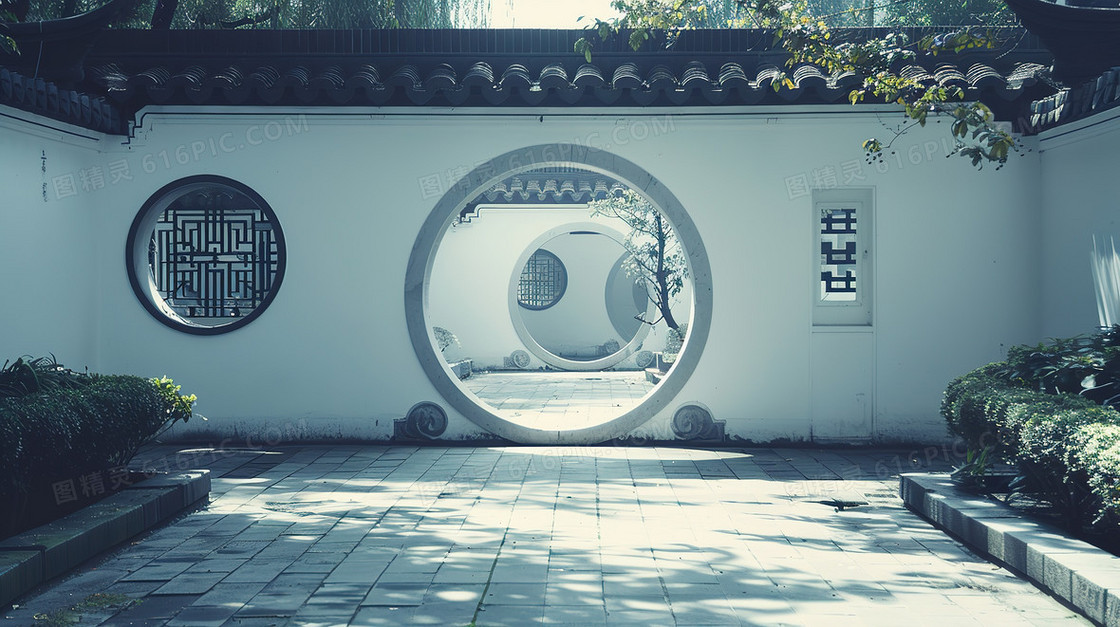 唯美中国风建筑景观园林插画