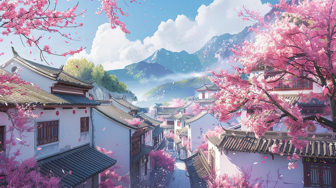 春天樱花盛开的江南水乡插画