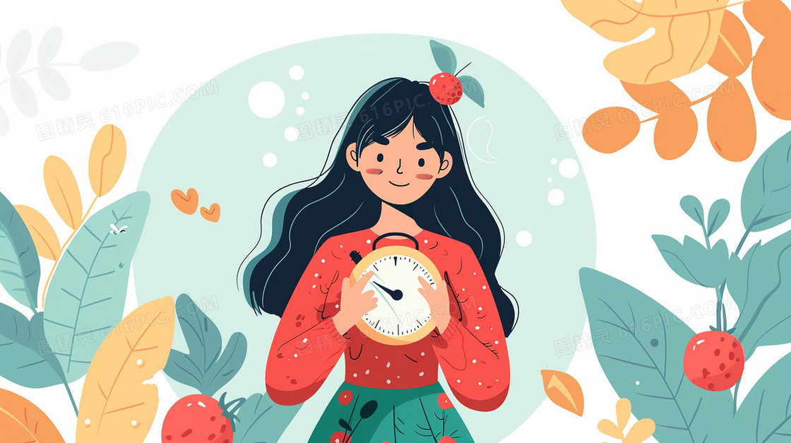 一个可爱的女孩双手抱着闹钟插画