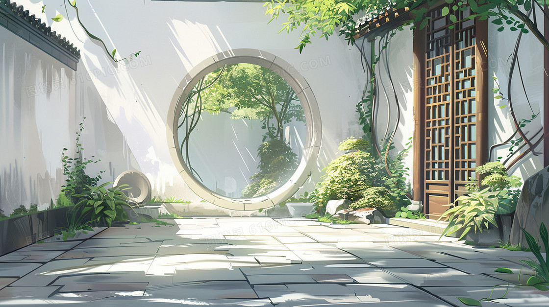 唯美中国风建筑景观园林插画