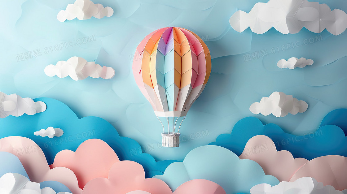 剪纸风蓝天中的热气球插画