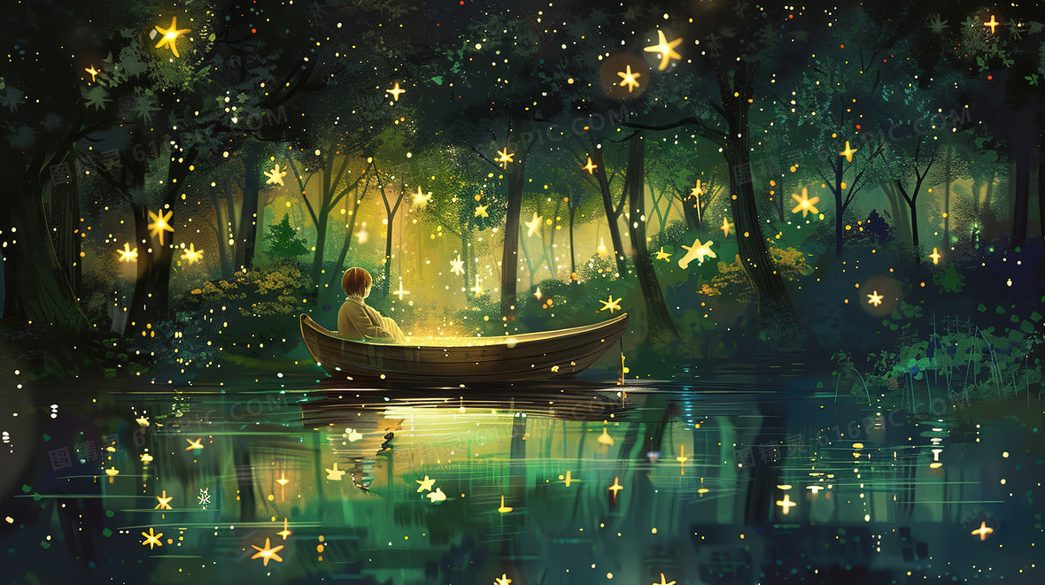 唯美夏至夜晚萤火虫森林小船插画背景图片下载_2912x1632像素JPG格式_编号1mrf56op6_图精灵