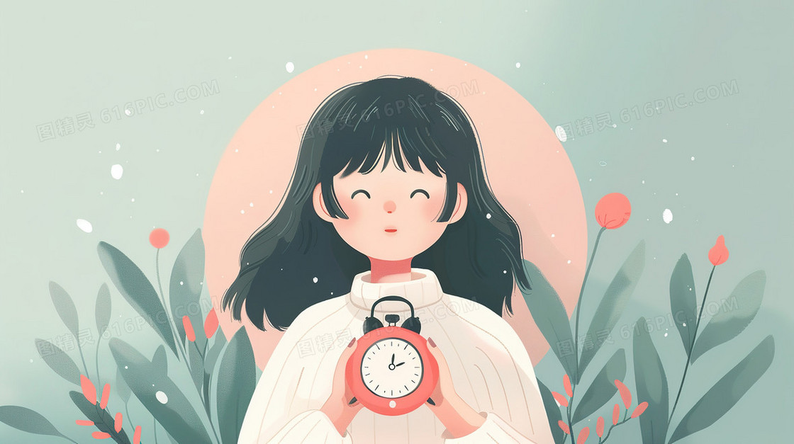 一个可爱的女孩双手抱着闹钟插画