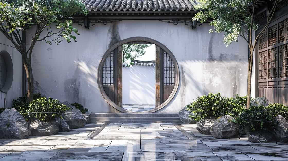 唯美中国风建筑景观园林插画