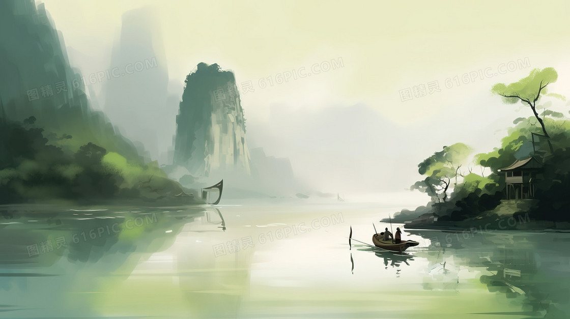 中国风唯美水墨风景图插画