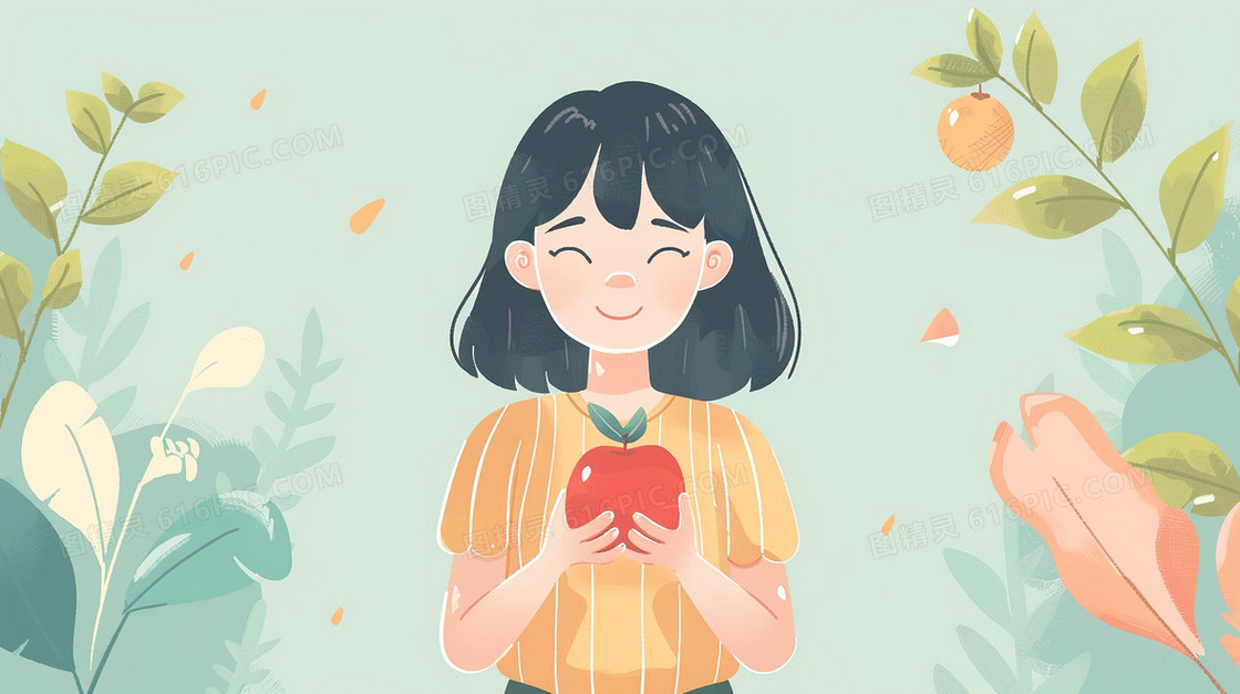 一个可爱的女孩双手拿着苹果插画