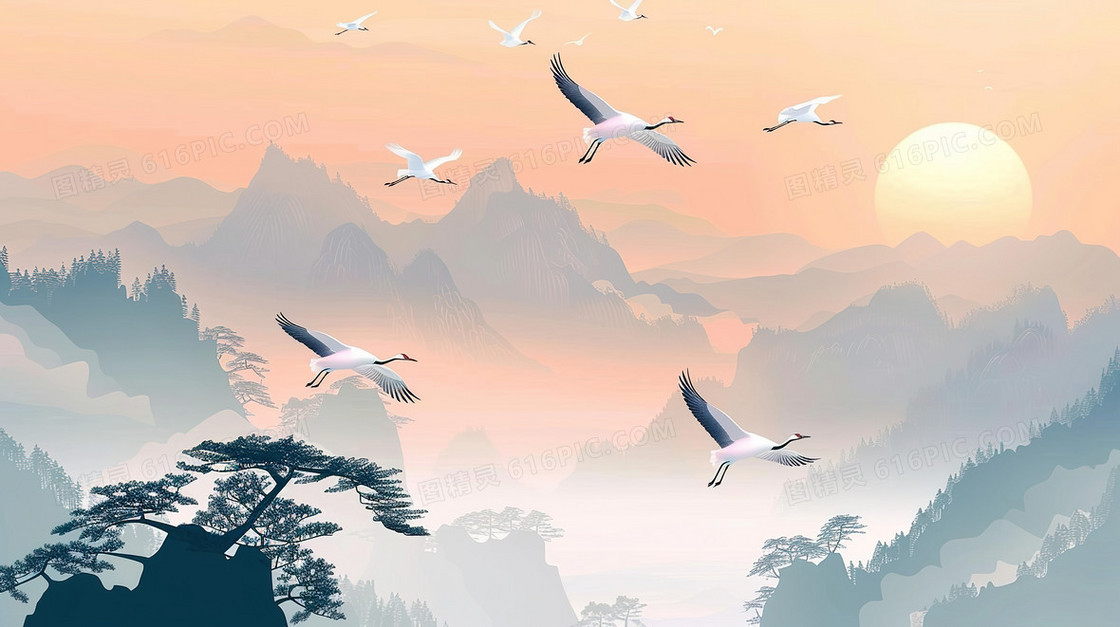 中国风唯美山水白鹤风景插画