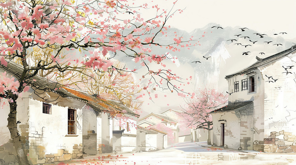 春天樱花盛开的江南水乡插画