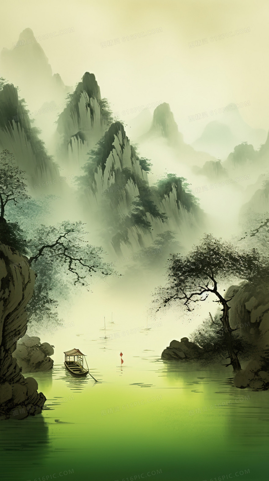 中国风唯美水墨风景图插画