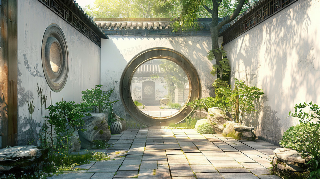 唯美中国风建筑景观园林插画