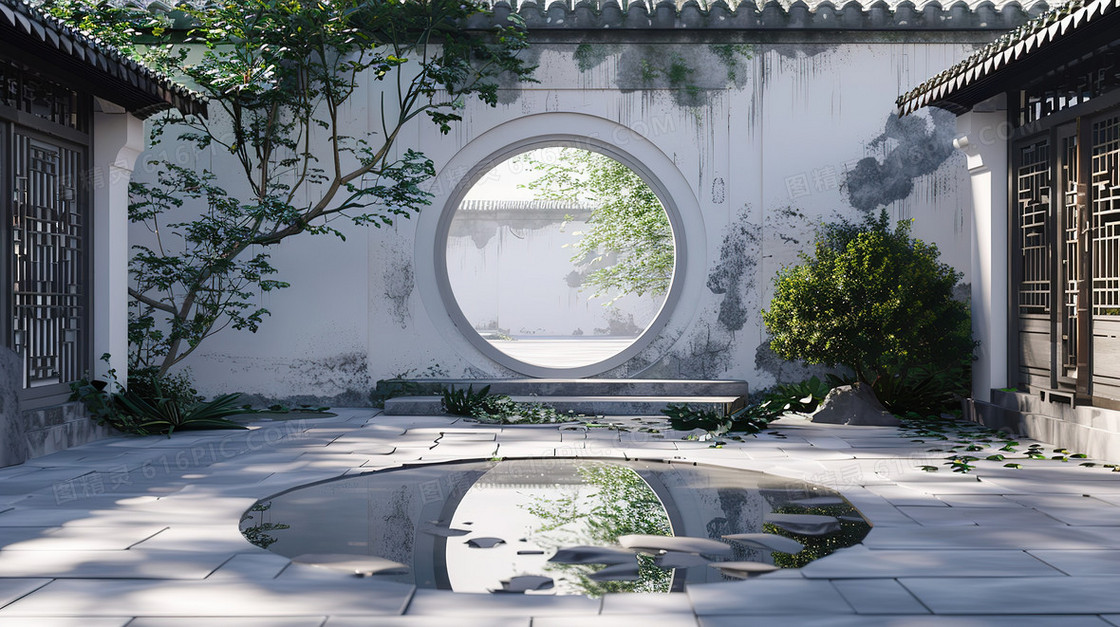 唯美中国风建筑景观园林插画