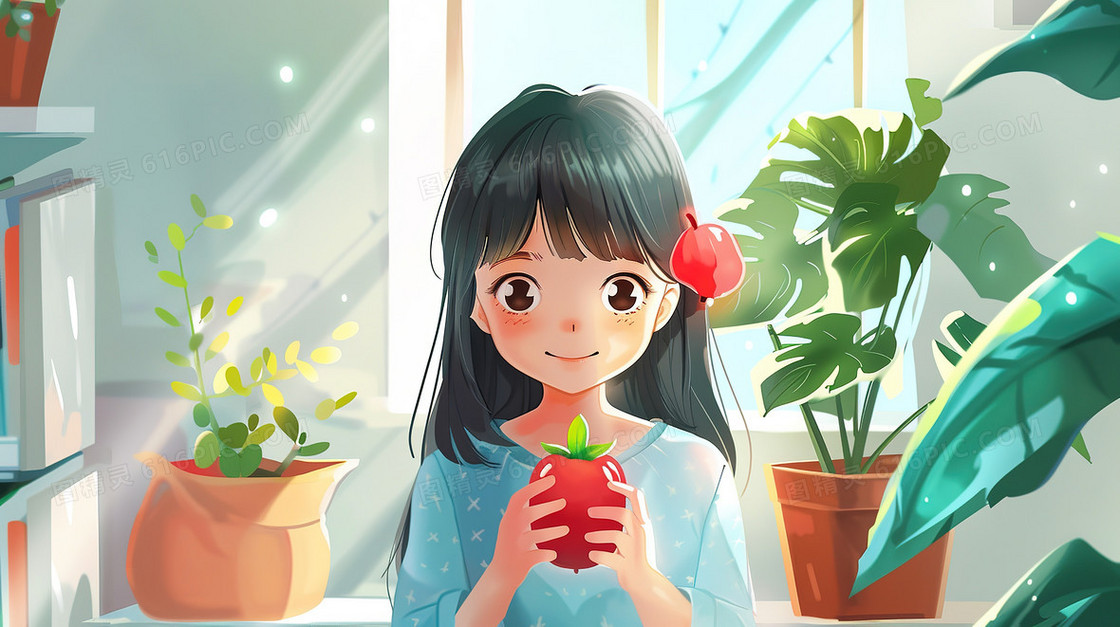 一个可爱的女孩双手拿着苹果插画