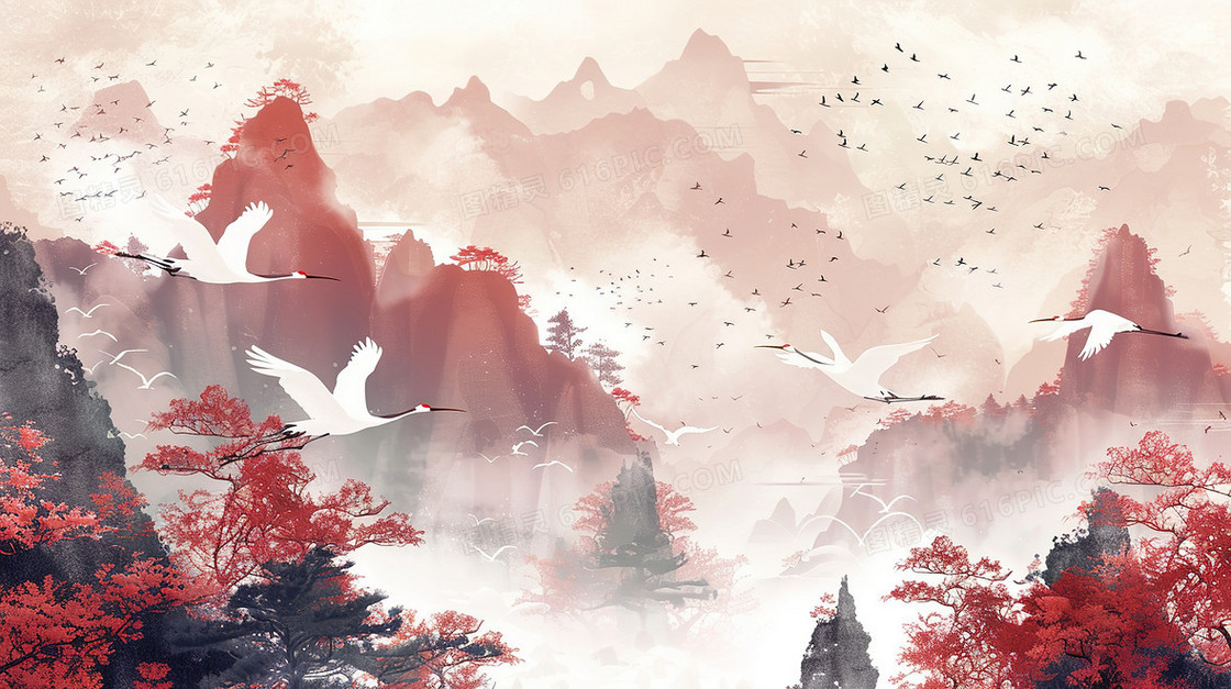 中国风唯美山水白鹤风景插画